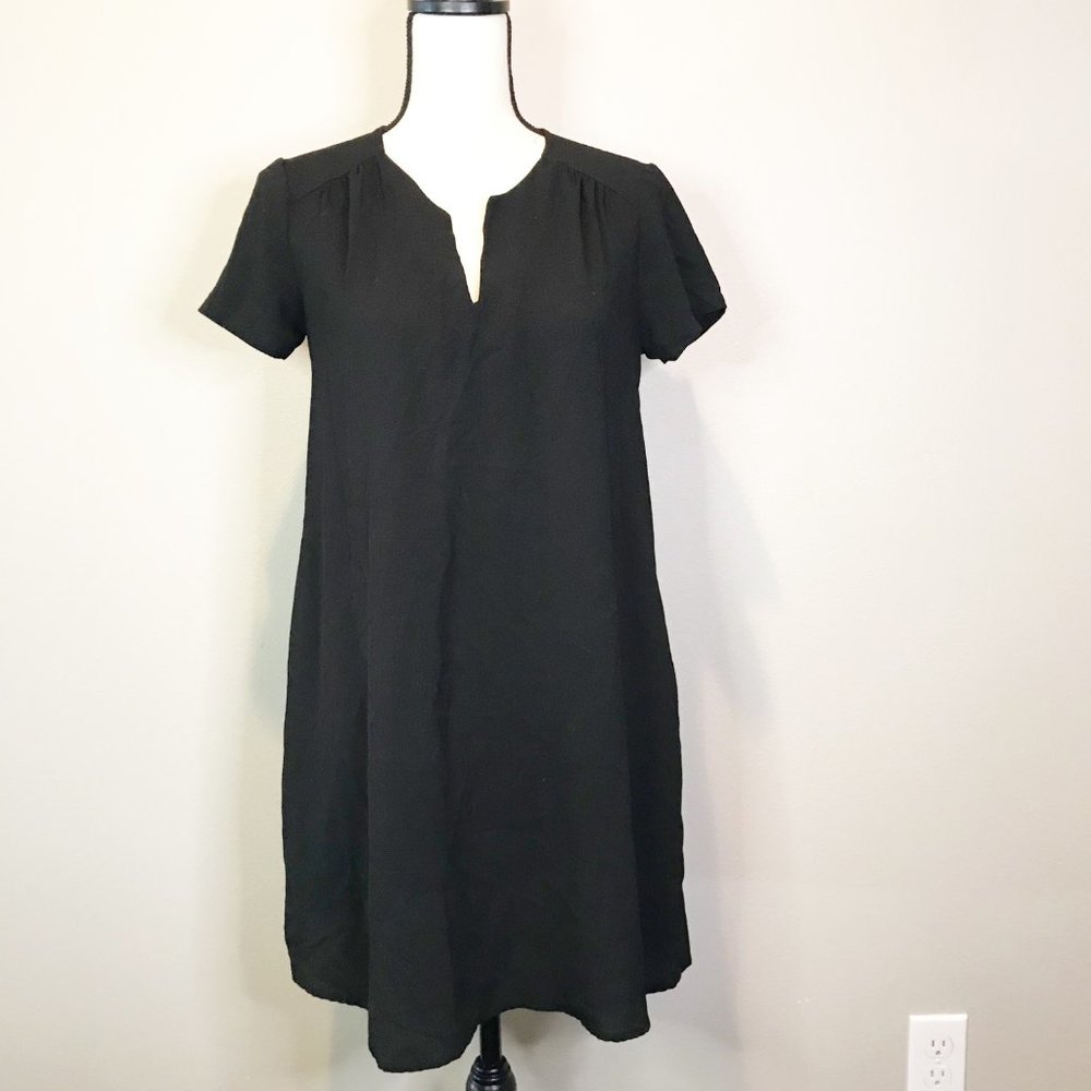 LUSH Split Neck Black Short Sleeve Sheer Shirt Dress Womens XS
